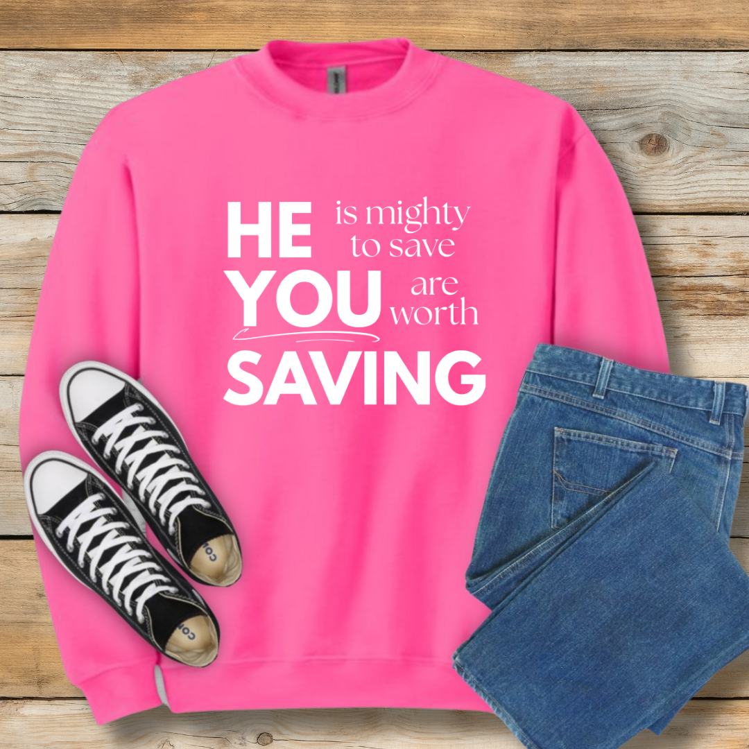 Mighty to Save Sweatshirt | Zephaniah 3:17 Biblical Graphic Shirt