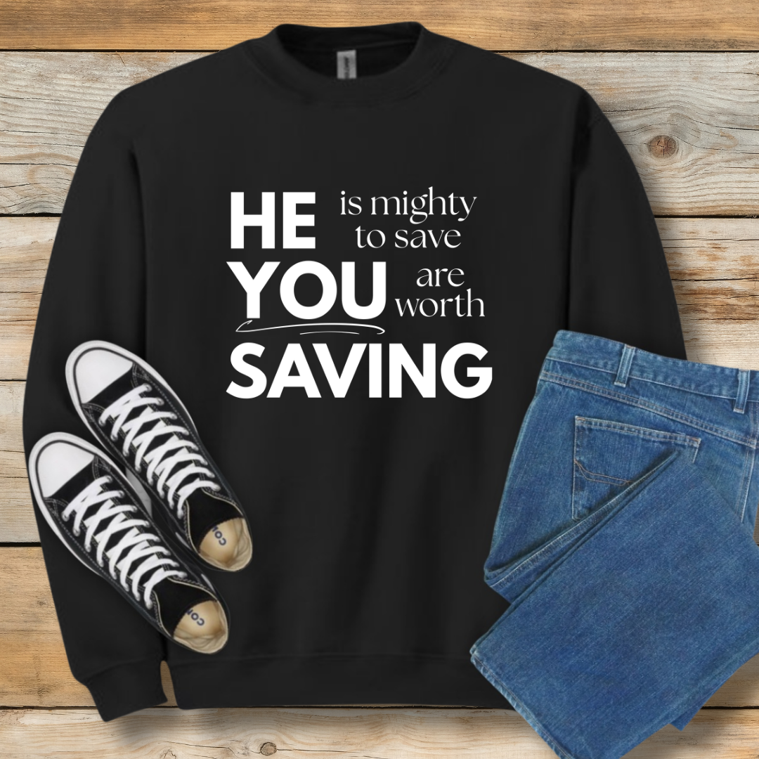 Mighty to Save Sweatshirt | Zephaniah 3:17 Biblical Graphic Shirt