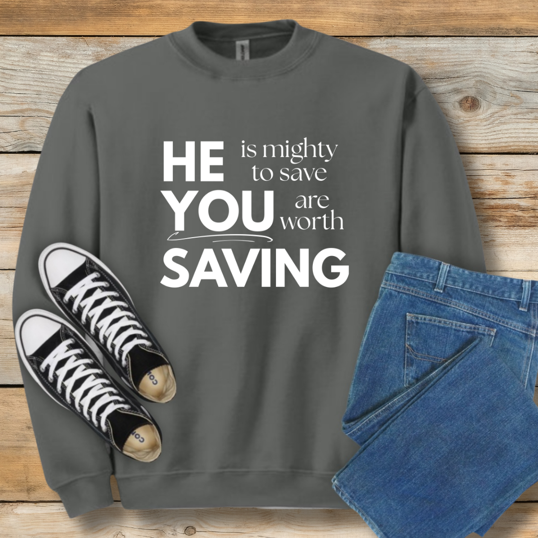 Mighty to Save Sweatshirt | Zephaniah 3:17 Biblical Graphic Shirt