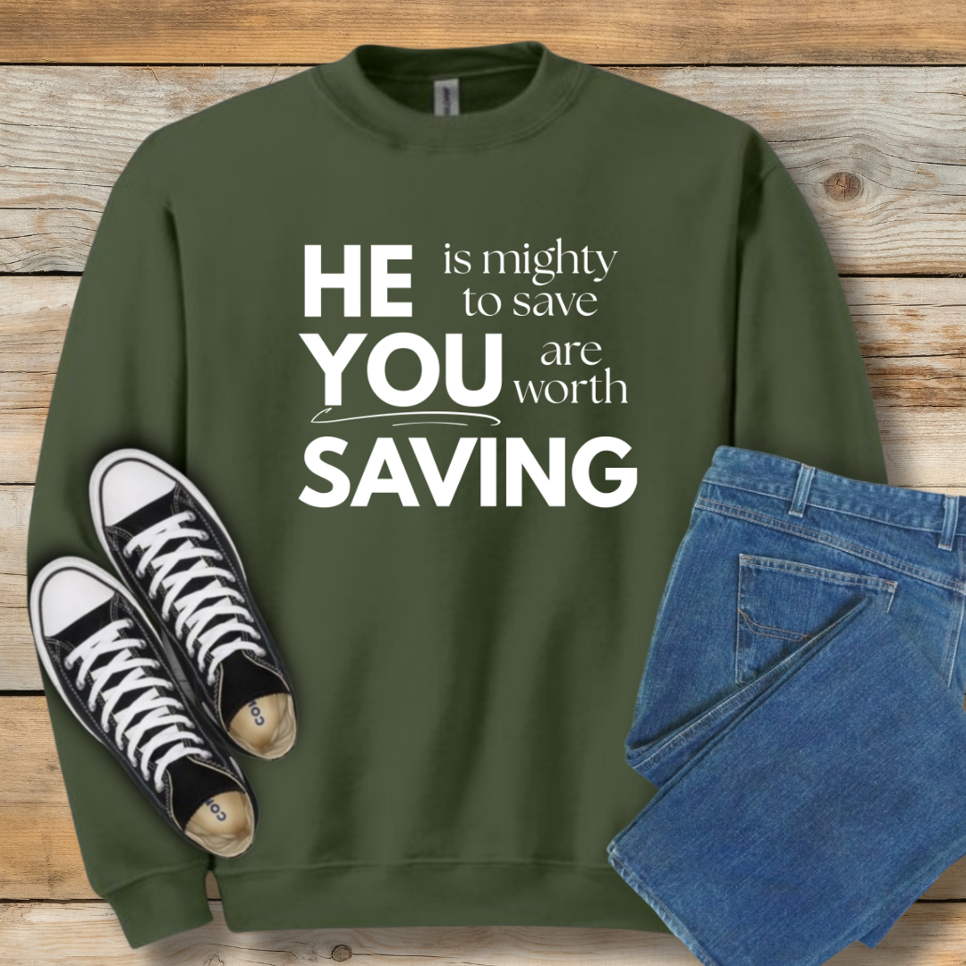 Mighty to Save Sweatshirt | Zephaniah 3:17 Biblical Graphic Shirt