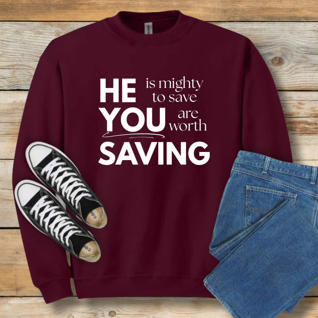 Mighty to Save Sweatshirt | Zephaniah 3:17 Biblical Graphic Shirt