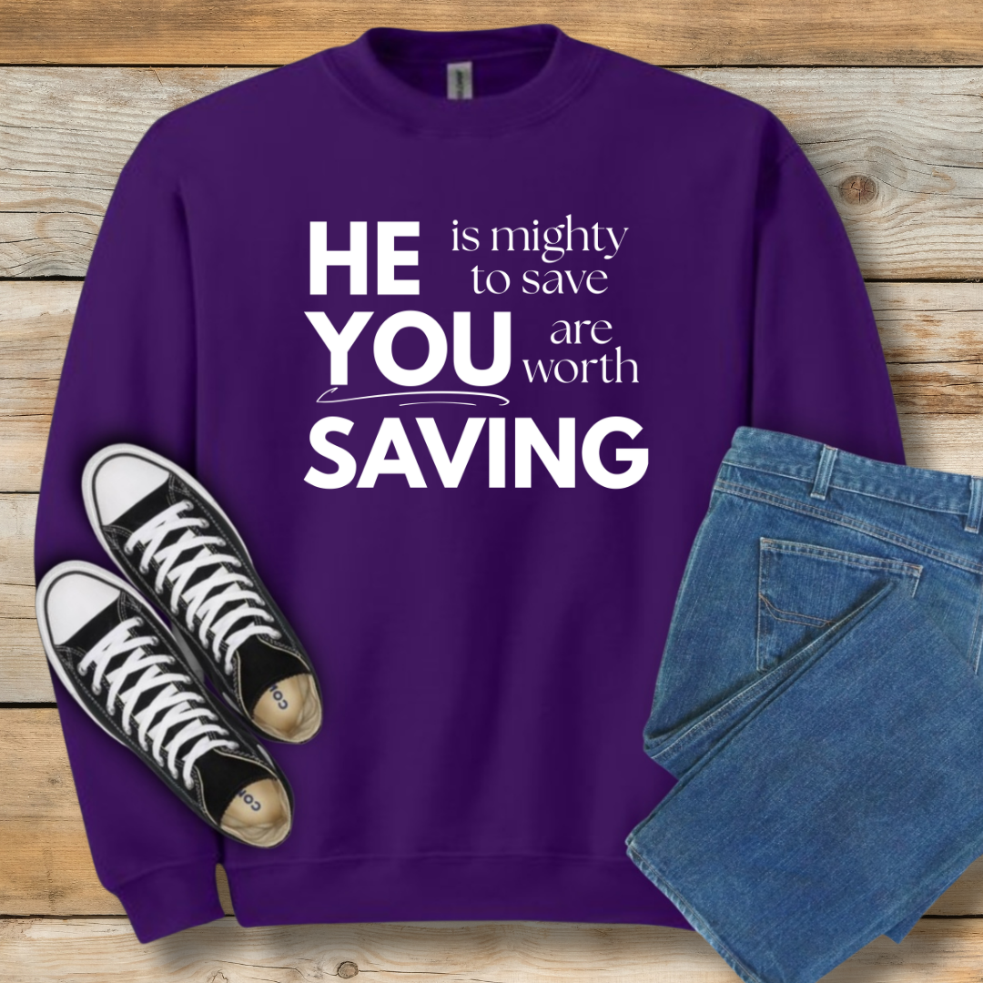 Mighty to Save Sweatshirt | Zephaniah 3:17 Biblical Graphic Shirt